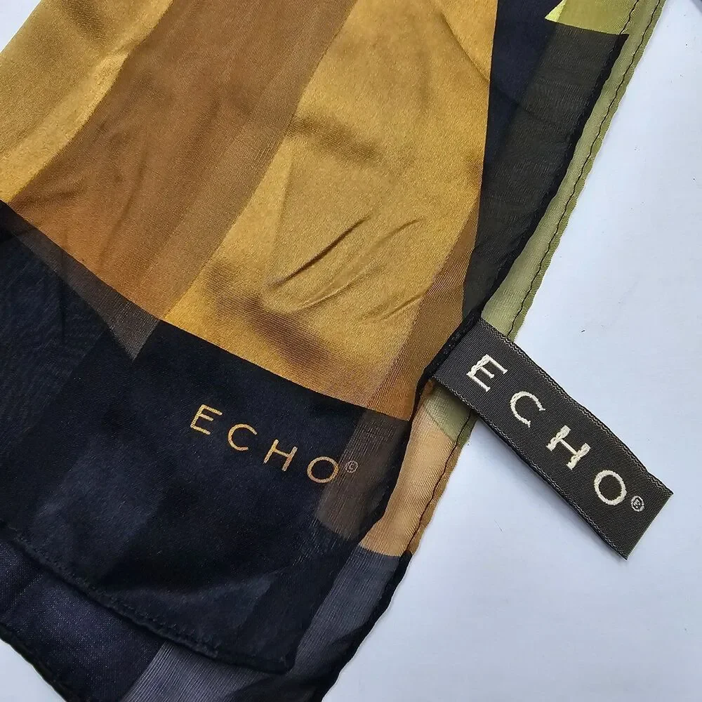 VTG Echo Silk Scarf Abstract Geometric Colorblock Gold Olive Green Oblong 11x52